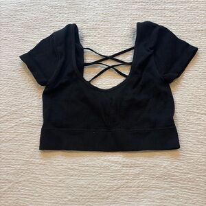 aerie Black Ribbed Scoop Crop Top with Crisscross Back